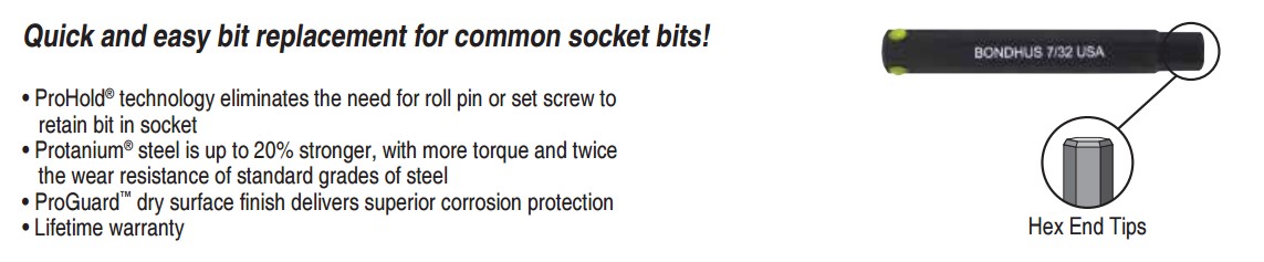 9/64" X 2" PROHOLD HEX BIT, REPLACEMENT SOCKET BITS